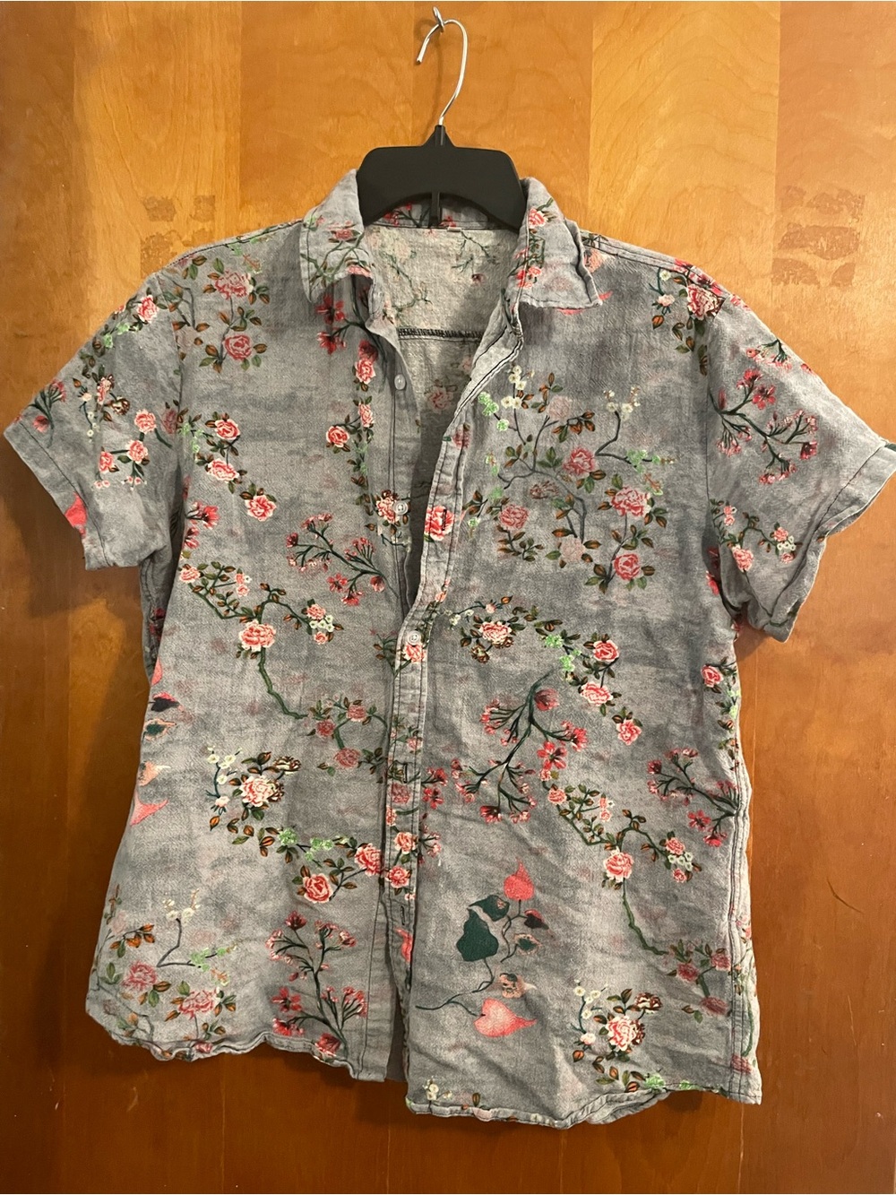 Denim Floral Short Sleeve Button Up